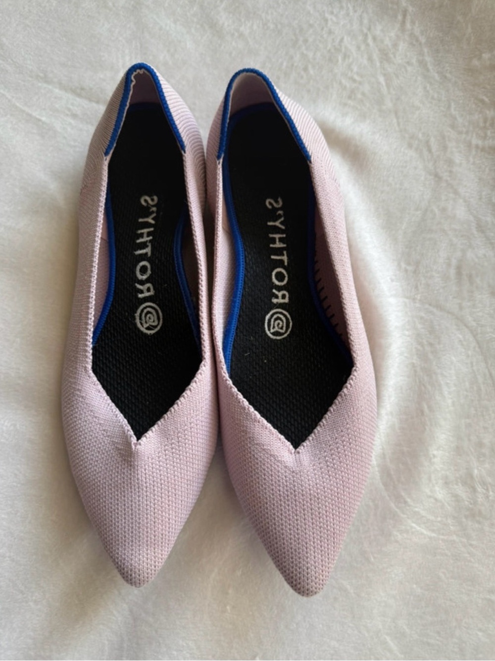Rothy's Light Pink Pointed Knit Flats with Blue Trim